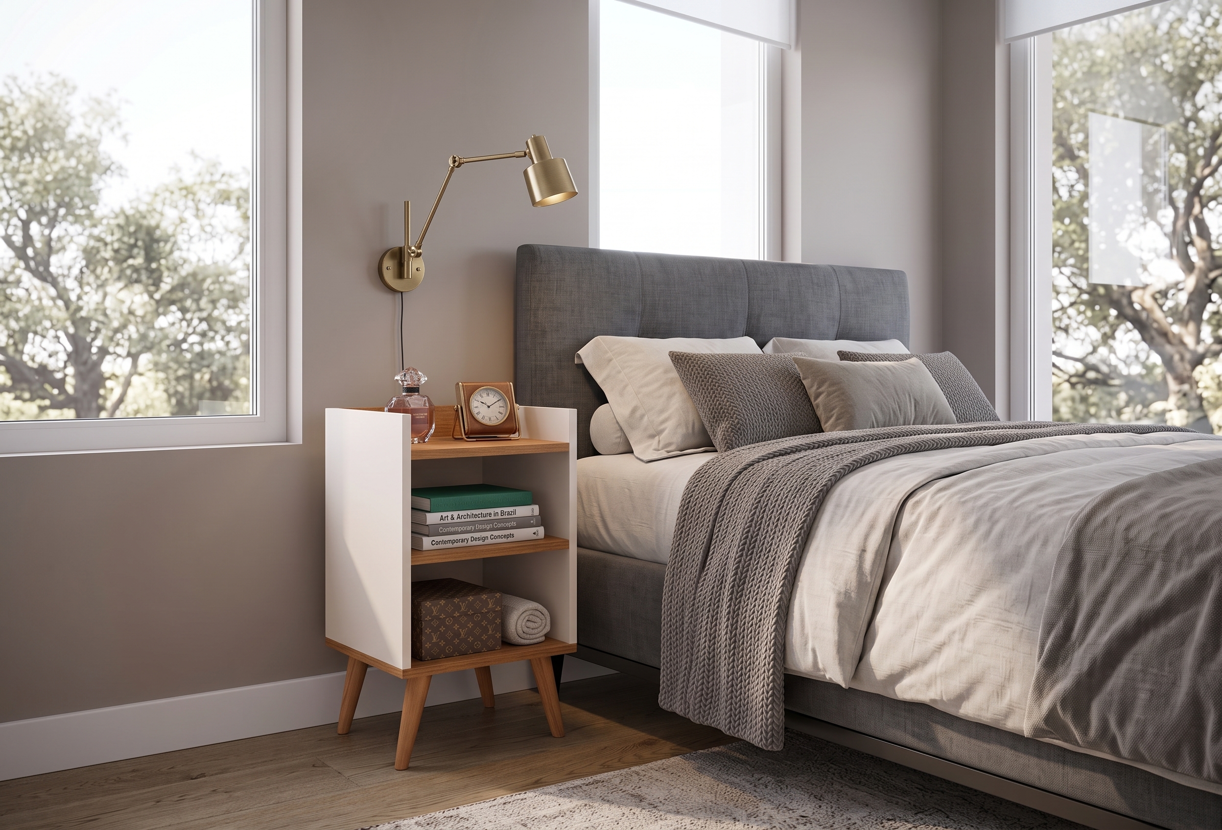 Poltrona Decorize com estrutura em madeira nogueira e assento em bouclê creme em sala minimalista